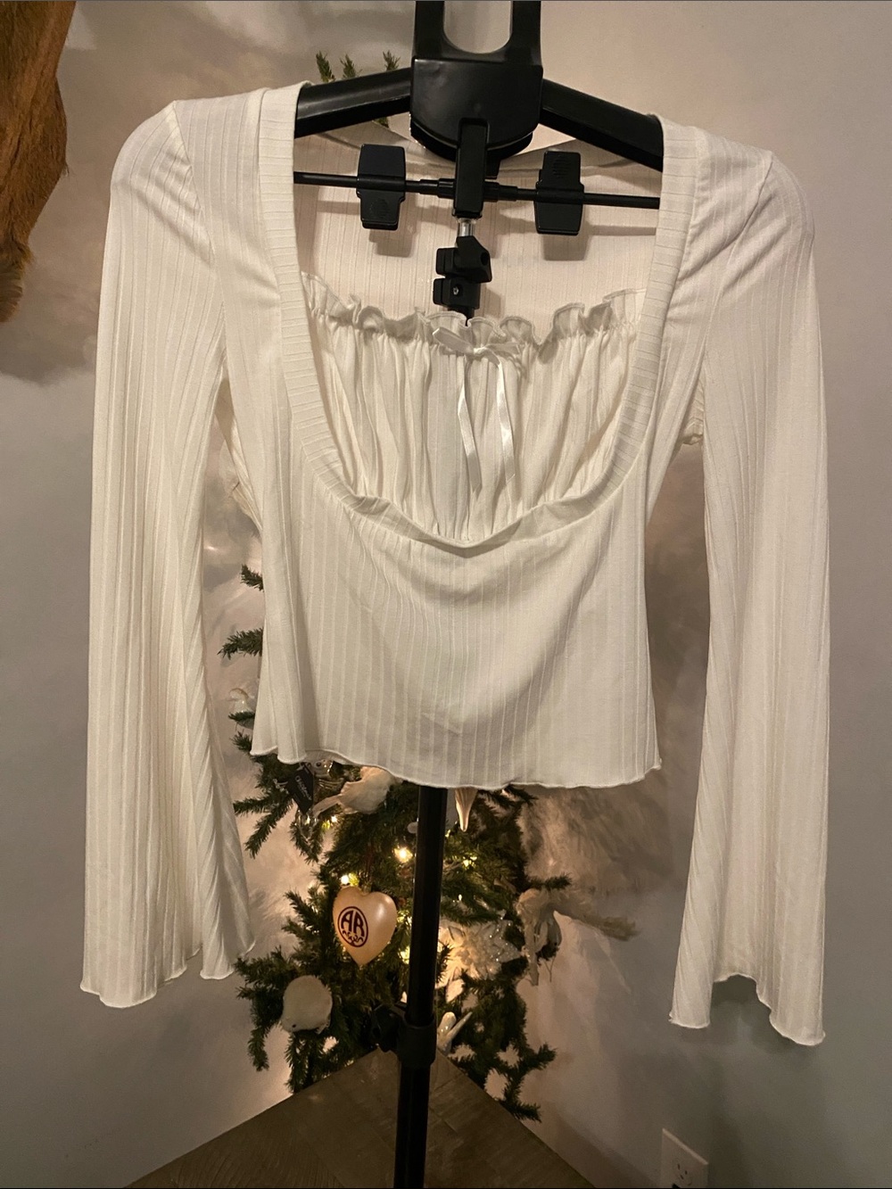 SHEIN White Ribbed Long-Sleeve Square Neck Crop Top